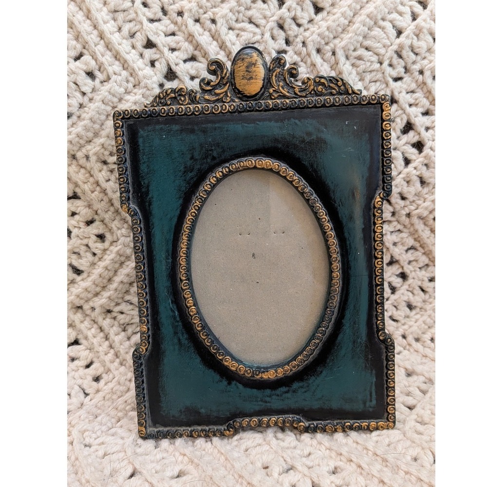 Silvestri Vintage Style Ornate Picture Frame Dark Green Gold Oval 3x5 Tabletop